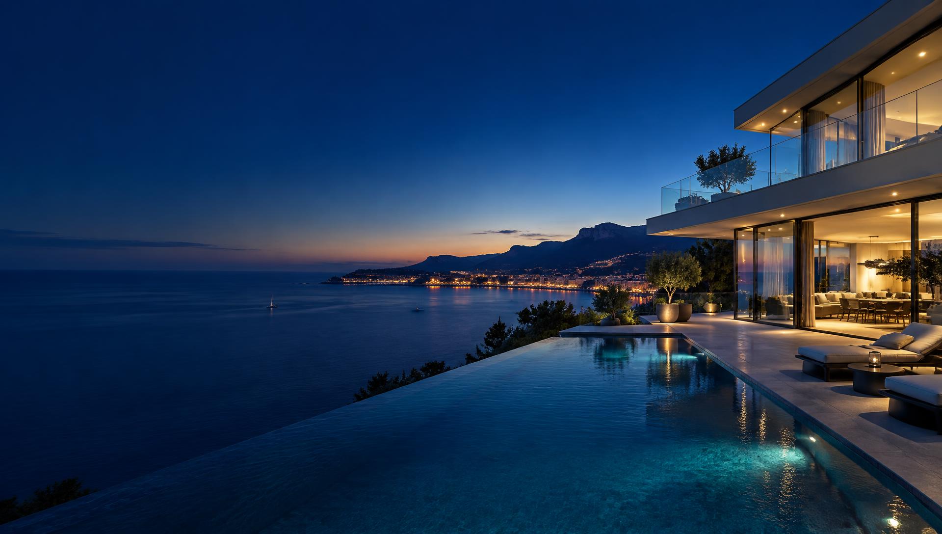 Villa contemporaine surplombant la Méditerranée à la tombée du jour